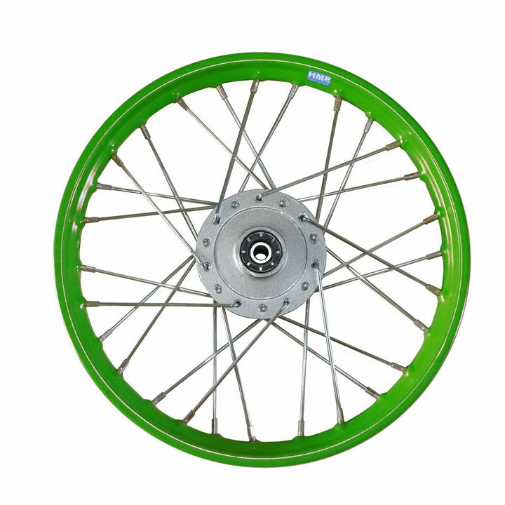 HMParts Stahl Felge 14 Zoll vorne Grün Geeignet für fast alle Modelle mit 12 mm Achse Dirt Bike, Pit