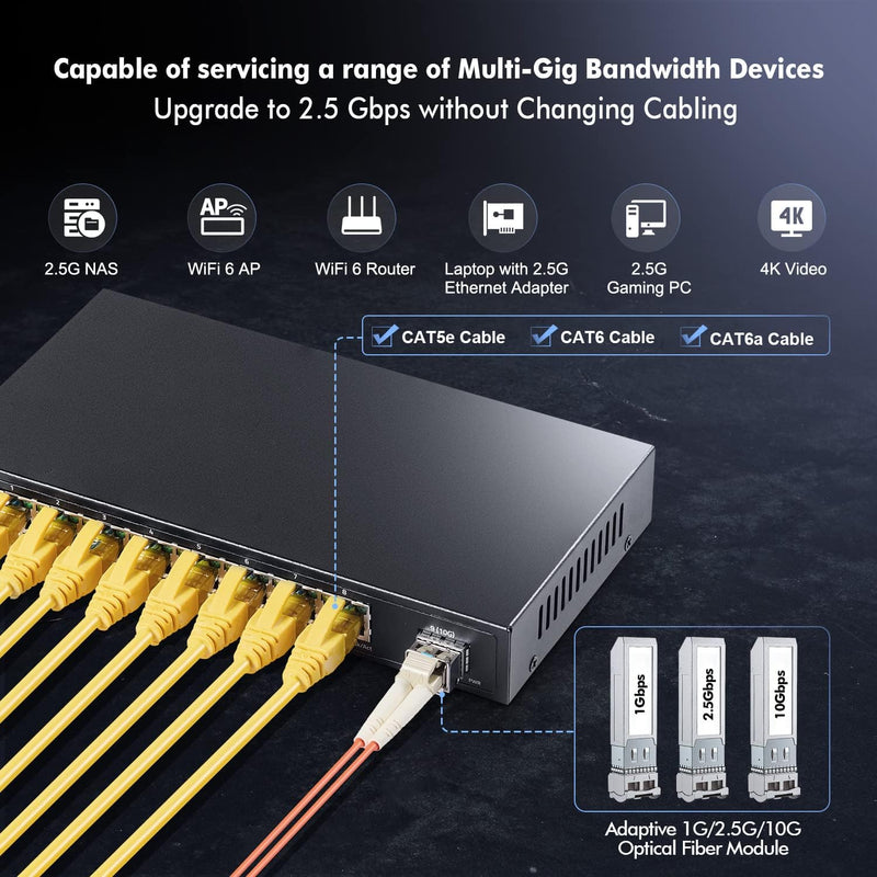 YuLinca 8 Port 2.5G Netzwerk Switch mit 10G SFP, 8 x 2.5GBASE-T Ports, kompatibel mit 10/100/1000Mbp