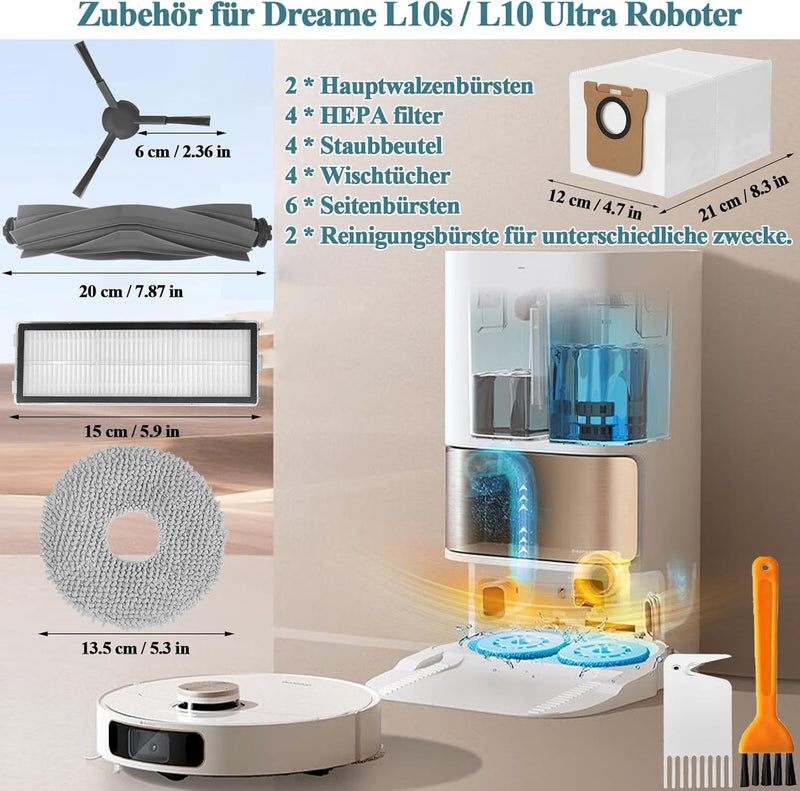 Bibemorol Zubehör für Dreame L10s Ultra / L10 Ultra Roboter Staubsauger, Zubehörset mit 2 Hauptbürst