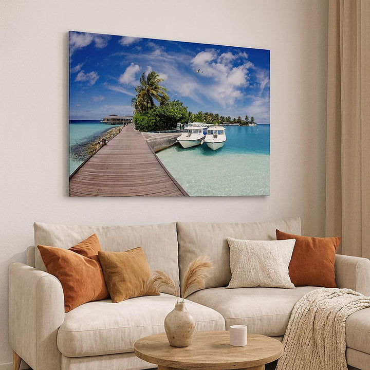 Bilder auf Leinwand 100x70cm Leinwandbild Maledische Insel Archipel Ozean Hütte Gross Wanddeko Bild