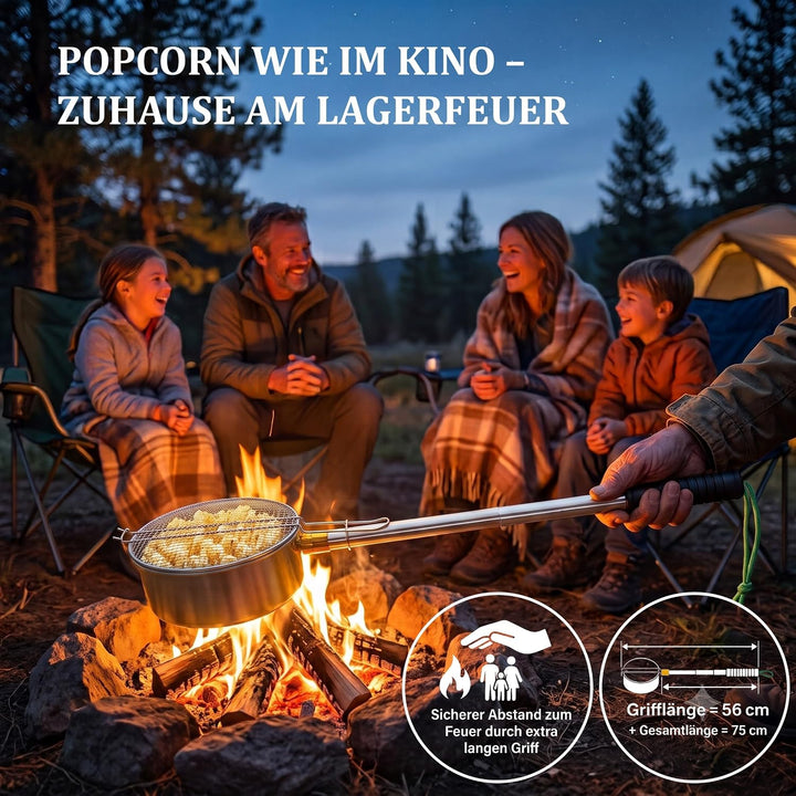 Premium Edelstahl Popcorn Maker | Lagerfeuer &amp; Grill | Teleskopgriff