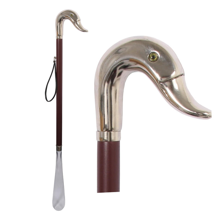 DELFA Design Schuhanzieher Schuhlöffel 70 cm mit Entenkopf als Griff - brauner Holzschaft mit Schlau
