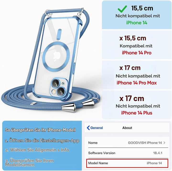 GOODVISH Handykette für iPhone 14 Hülle mit Band Magnetisch, Blau iPhone 14 6.1" Blau, iPhone 14 6.1