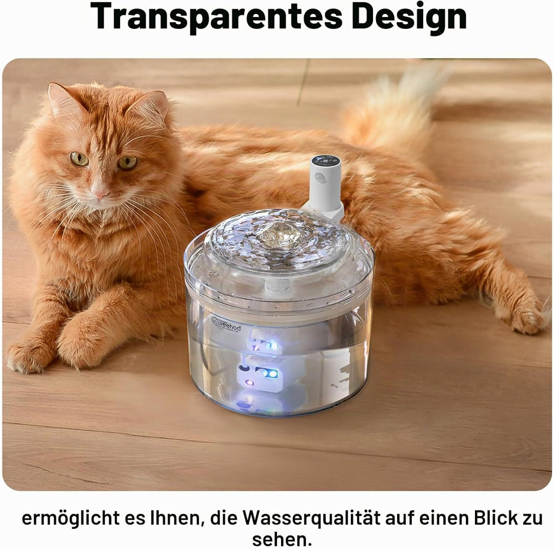 Veehoo Trinkbrunnen für Katze Kabellos, 1.8L Wiederaufladbar Katzenbrunnen mit Bewegungsmelder, Batt
