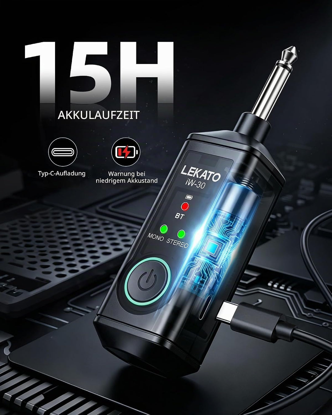 LEKATO iW-30 Bluetooth-Empfänger mit 6,35 mm Klinkenstecker, Mono/Stereo Wireless Audio Receiver, 15