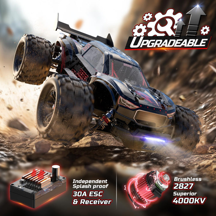 DEERC 1:14 Brushless RC Auto für Erwachsene, 46+ mph Off-Road, 2 * 3S Lipo, 4WD wasserdicht, 7 Licht
