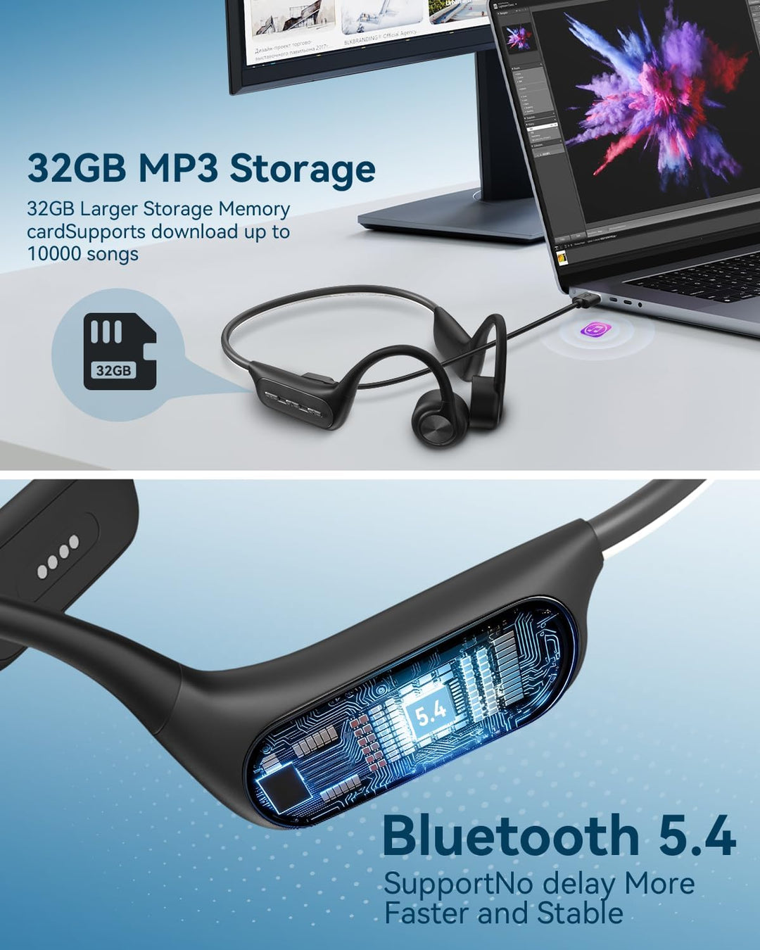 Wantek Kopfhörer Schwimmen,Knochenschall Kopfhörer Bluetooth,IP68 wasserdichte BC3-WANTEK-B1, BC3-WA