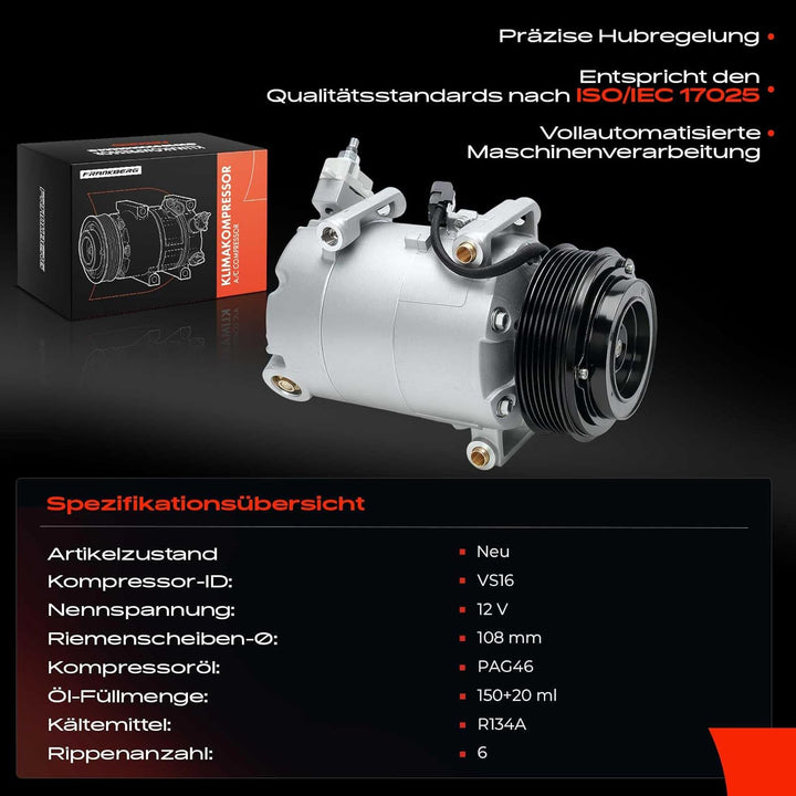 Frankberg Klimakompressor Klimaanlage Kompatibel mit Focus III Stufenheck 2.0L Diesel 2014-Heute K.u