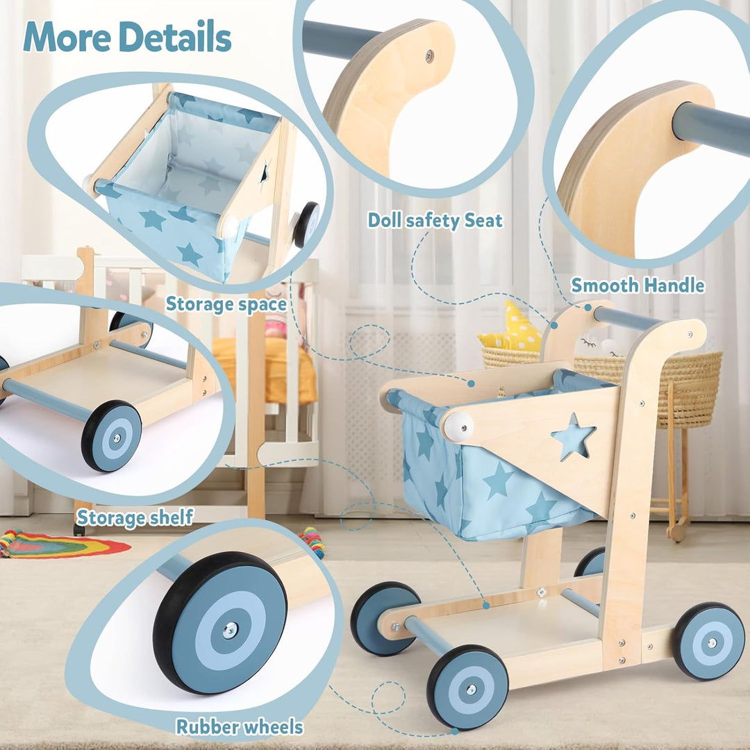 Asweets 2-in-1 Lauflernwagen Holz, Puppenwagen zum Schieben und Ziehen, Baby Walker, Kleinkindspielz