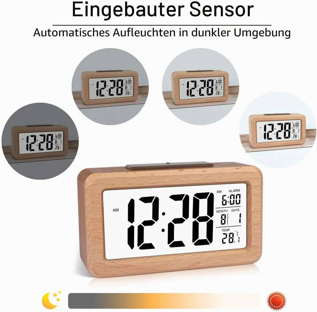 DTKID Wecker,Digital Wecker aus Holz Mit Grosser LCD Display Datum Und Temperatur Anzeige Mit Snooze