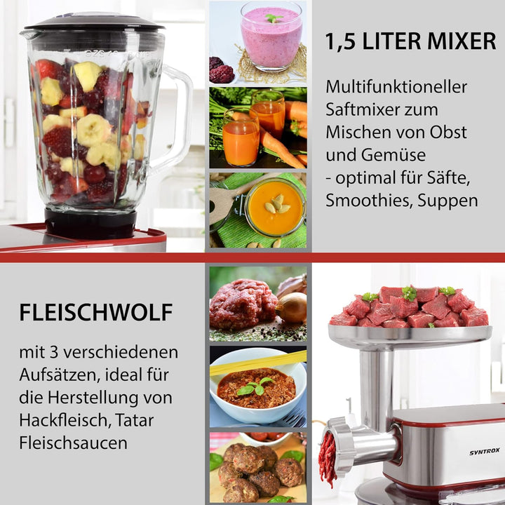 Syntrox Germany KM-1300W de Luxe Marseille Küchenmaschine Knetmaschine Mixer, Edelstahl-Behälter, 6