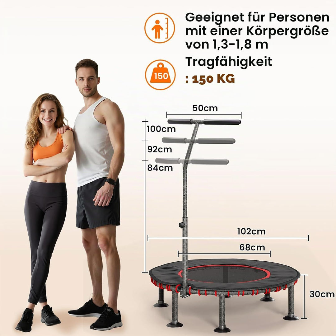 LIFERUN Fitness Trampolin Indoor | mit Randabdeckung | Bis 150kg Belastbar | 3 Verstellbare Haltegri