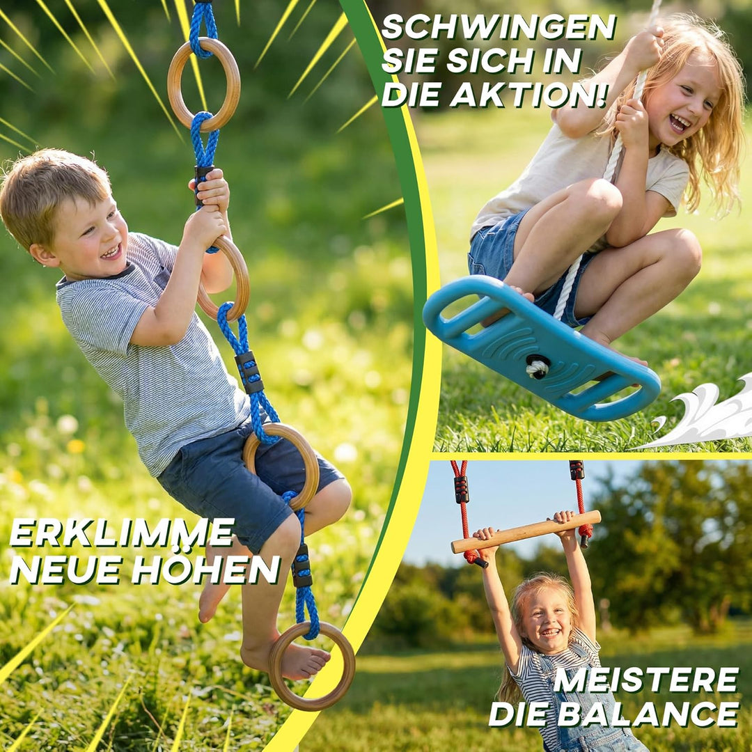 AIYAPLAY Ninja Line Kinder 10m 9-teilig Slackline Set mit 2 Turnringe, 3-in-1 Schaukel, 2 Klettersta