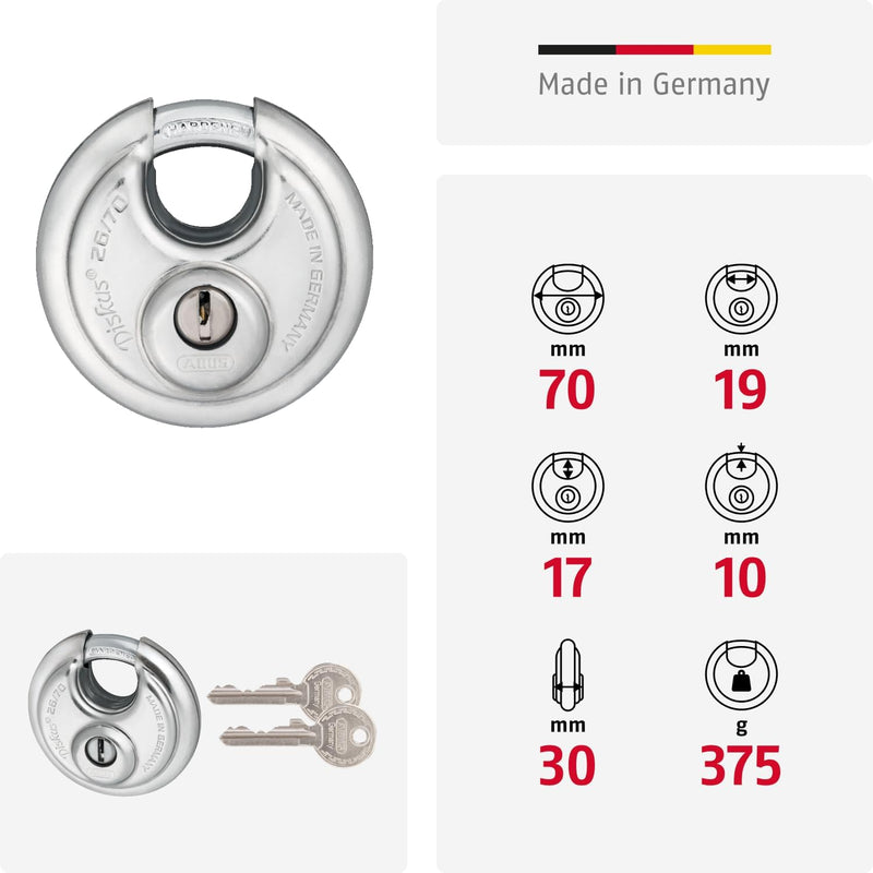 ABUS Diskus Vorhängeschloss 26/70 - wetterfest - mit anbohr- und ziehgeschütztem Zylinder - ABUS-Sic