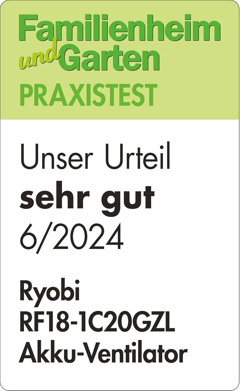 RYOBI 18 V ONE+ Akku-Ventilator RF18-1C20GZL (Kompakter und tragbarer Ventilator für den Innen- und