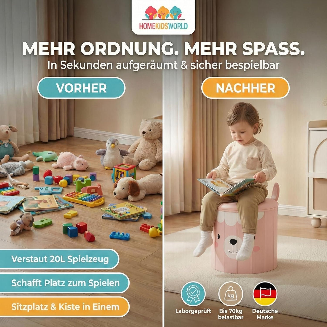 HomeKidsWorlds Kinderhocker Lama - Spielzeugkiste Kinderzimmer, Aufbewahrungsbox mit Deckel, Sitzbox