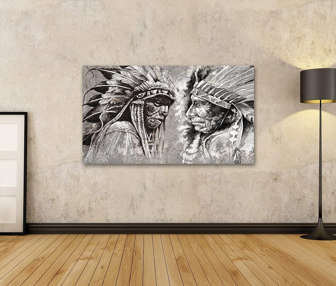 islandburner Bild auf Leinwand Native American Indian Köpfe Retro Stil Schwarz-Weiss Bilder Wandbild
