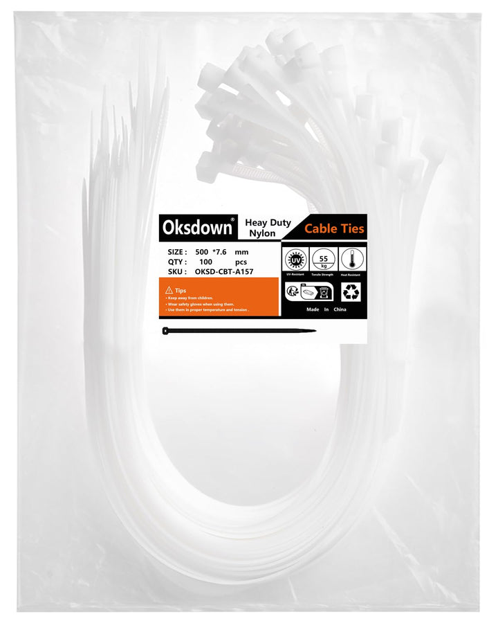 Oksdown 500mm × 7,6mm Breit 100 Stück Stark Kabelbinder mit 55 kg Zugfestigkeit weiss UV-Beständig G