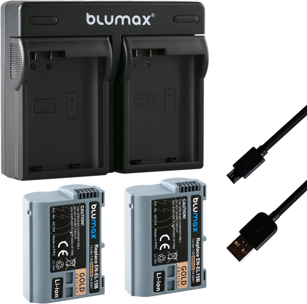Blumax 2X Gold Edition Akku Nikon EN-EL15b 2040mAh + Dual-Ladegerät Micro-USB | kompatibel mit Nikon