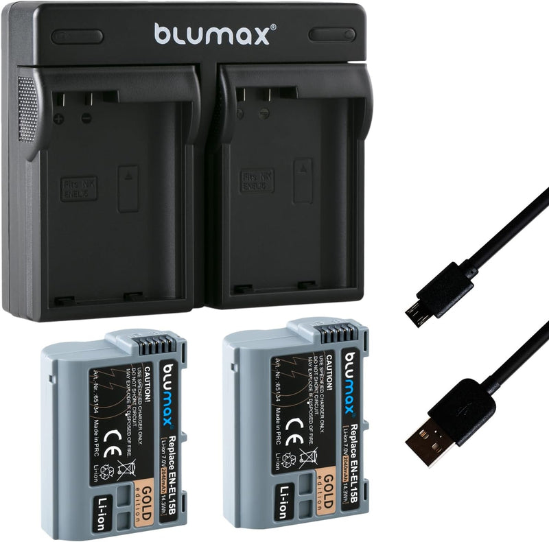 Blumax 2X Gold Edition Akku Nikon EN-EL15b 2040mAh + Dual-Ladegerät Micro-USB | kompatibel mit Nikon