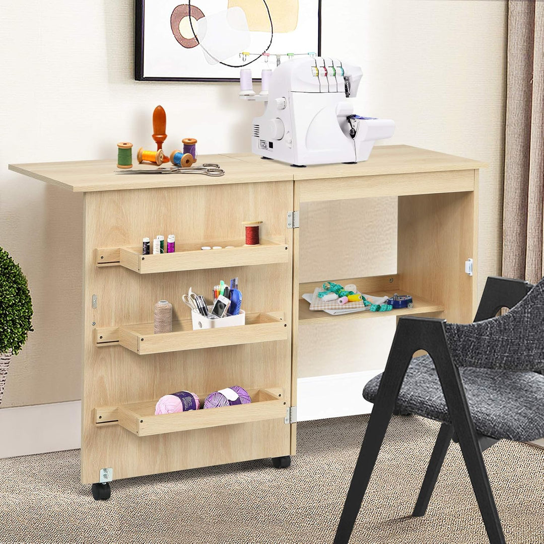 COSTWAY 2 in 1 Nähschrank & Schreibtisch klappbar, Nähtisch aus Holz mit 3 Einlegeböden für Spulen &