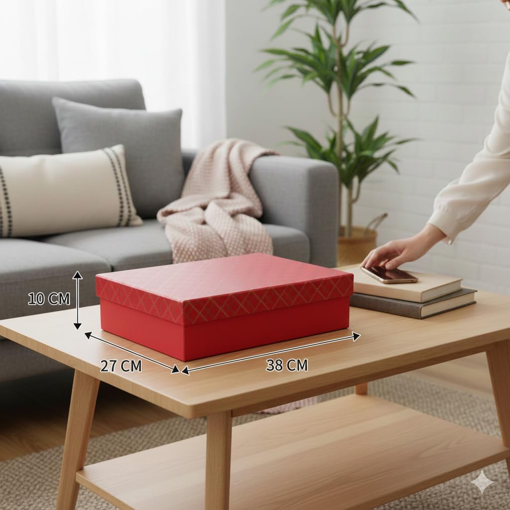 Emartbuy Handgefertigte Geschenkbox aus Baumwollpapier, kariert, rot, 38 x 27 x 10 cm (15 x 10,6 x 3