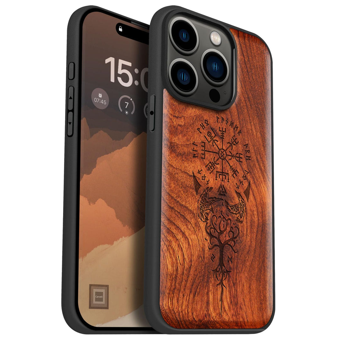 Carveit Holz Cover für iPhone 15 Pro hülle, Kompatibel mit Magsafe Silikon Stossfeste Cover, Magneti
