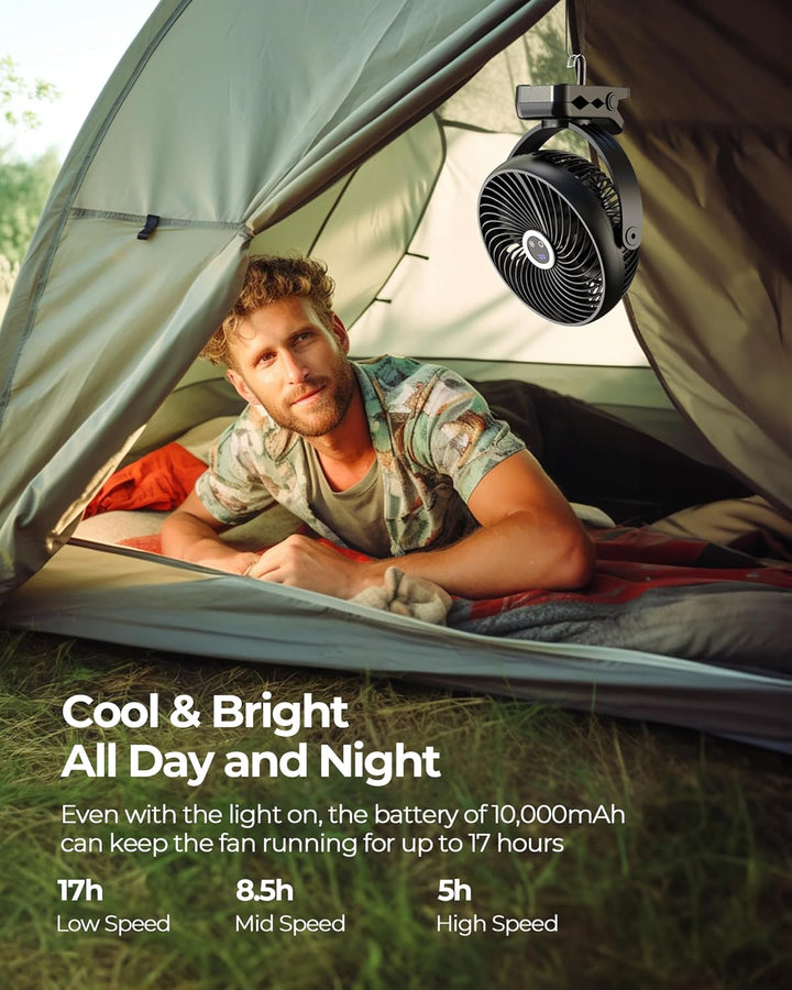 Koonie 20cm Tragbarer Mini Clip Ventilator, USB Tischventilator mit 10000 mAh Akku, Licht, Digitalan