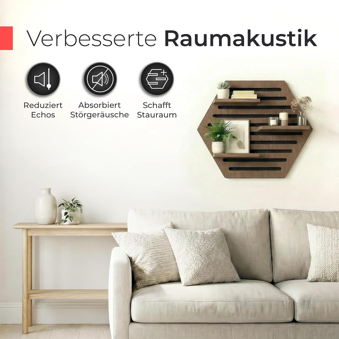 Akustikpaneele Holz Wandregal – Echtholz Walnuss & Akustikfilz Schwarz | Hexagon 65x52cm – Regal & S