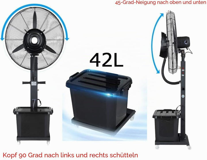 Ventilator mit Wasser, Nebel, Profi-Aussen-Standventilator mit Sprühnebelfunktion, 42L, 260W, Wasser
