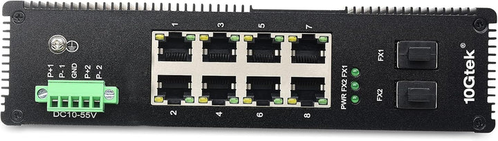 10Gtek Industrial IP40, 10-Port Gigabit Ethernet Switch (w/20-km SFP transceiver), G0208i, DIN-Rail