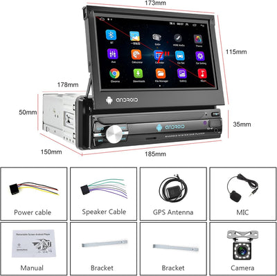 Android Autoradio mit GPS-Navigation, WiFi, Bluetooth, 7-Zoll-Touchscreen 1 Din Auto Multimedia Play