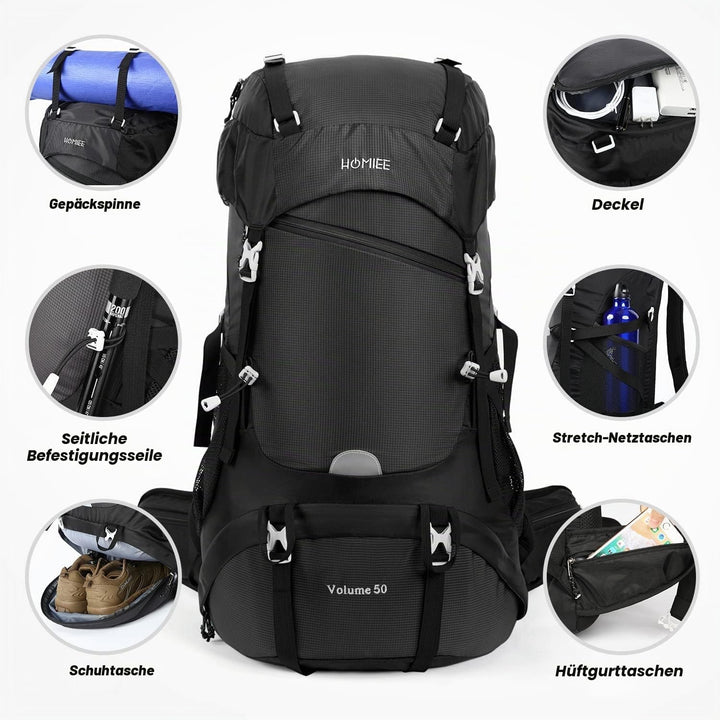 HOMIEE Wanderrucksack 50L, Herren Damen Wasserdichter Trekkingrucksack Reiserucksack Outdoor Wandern
