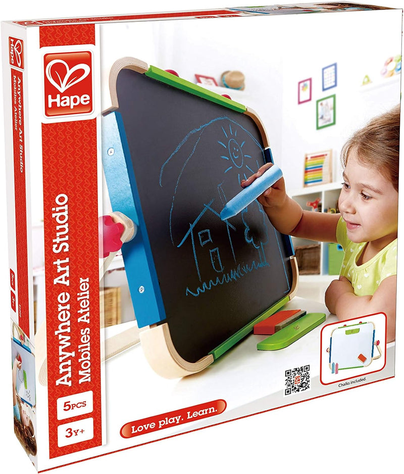 Hape Anywhere Art Studio , Award-Winning Double-Sided Wooden Kids Easel Whiteboard/Chalkboard with 2