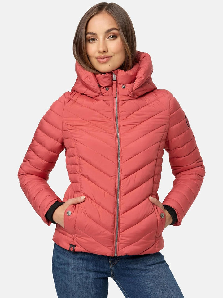 MARIKOO Damen Übergangsjacke leichte Steppjacke kurz mit abnehmbarer Kapuze Kagomee XS-XXL S Rouge,