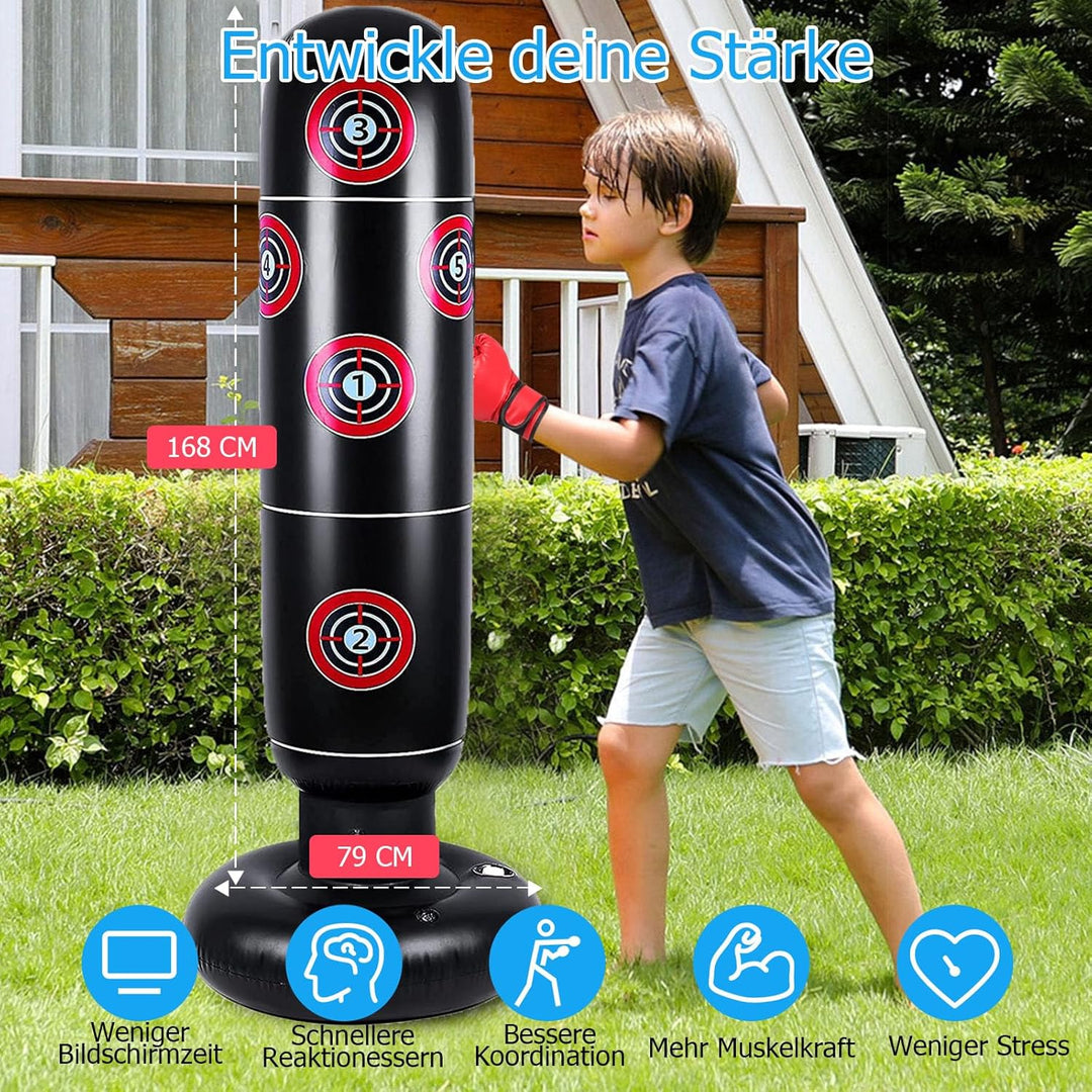 Boxsack Kinder Stehend mit Handschuhen – 168cm Aufblasbarer Boxsack für Kinder von 3–12 Jahren, PVC