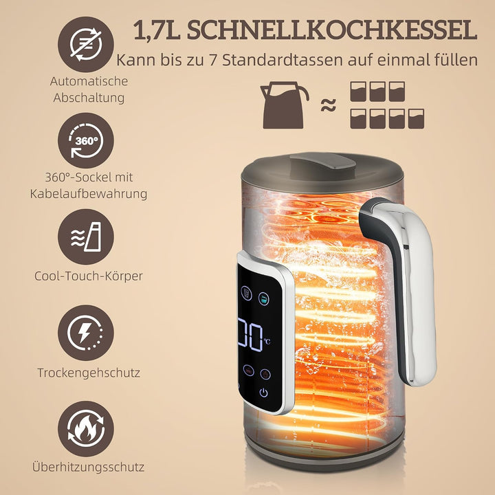 HOMCOM Wasserkocher Toaster Set 1,7L Edelstahl Wasserkocher 2 Scheiben Toaster mit 6 Bräunungsstufen