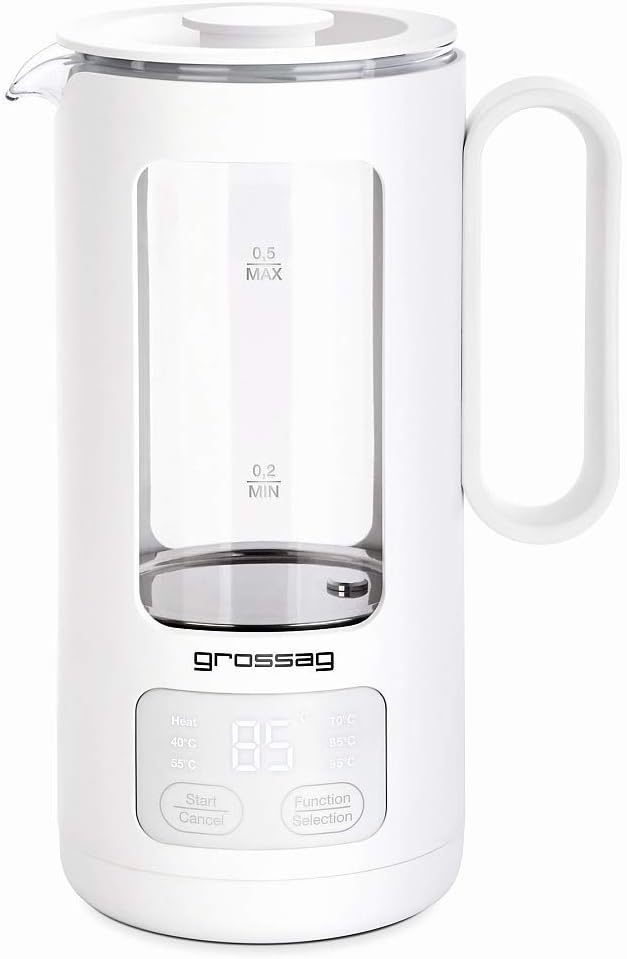 grossag Glas-Wasserkocher WK 8.00 mit Glas-Topf 0,5 Liter, BPA frei für Tee und Babynahrung White, W