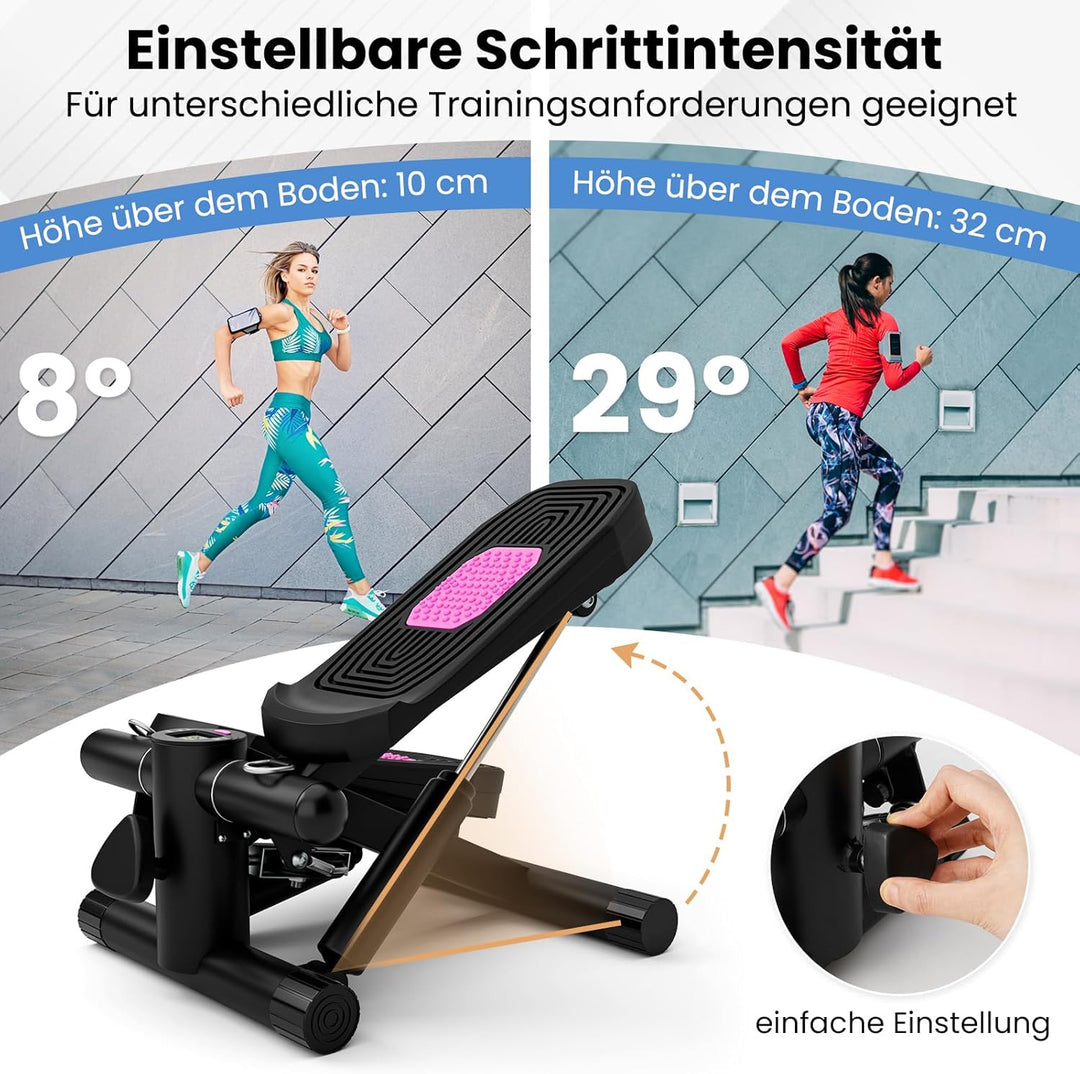 GYMAX Mini Stepper für Zuhause, Up-Down Stepper mit Power Ropes, LCD-Monitor & 5-stufige höhenverste