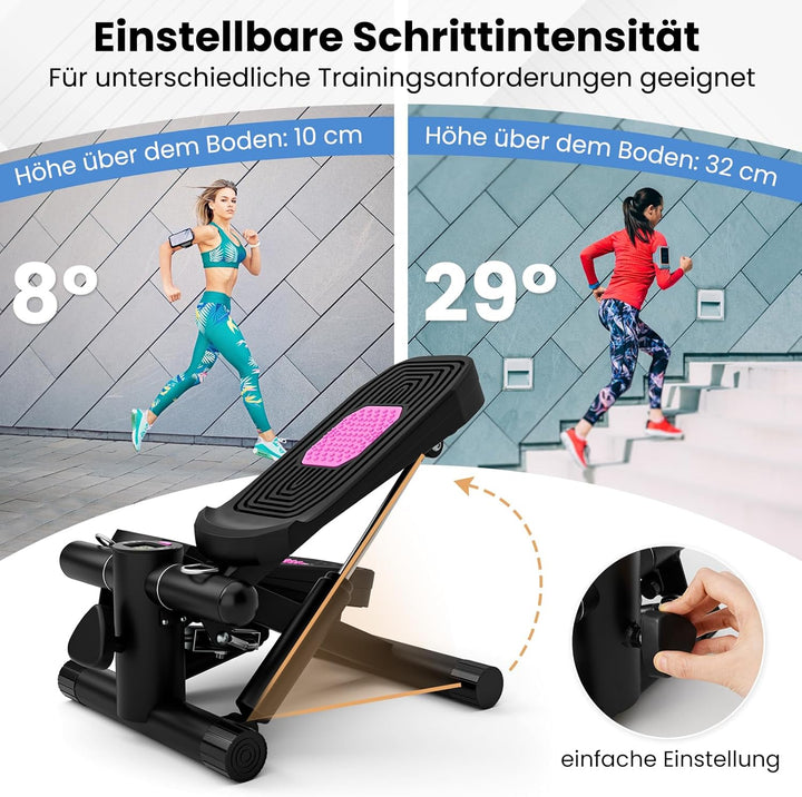 GYMAX Mini Stepper für Zuhause, Up-Down Stepper mit Power Ropes, LCD-Monitor & 5-stufige höhenverste