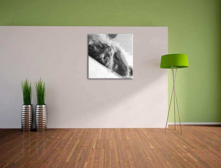 Pixxprint Niedliche Katze liegt im Bett Pinsel Effekt, Format: 70x70 auf Leinwand, 70x70