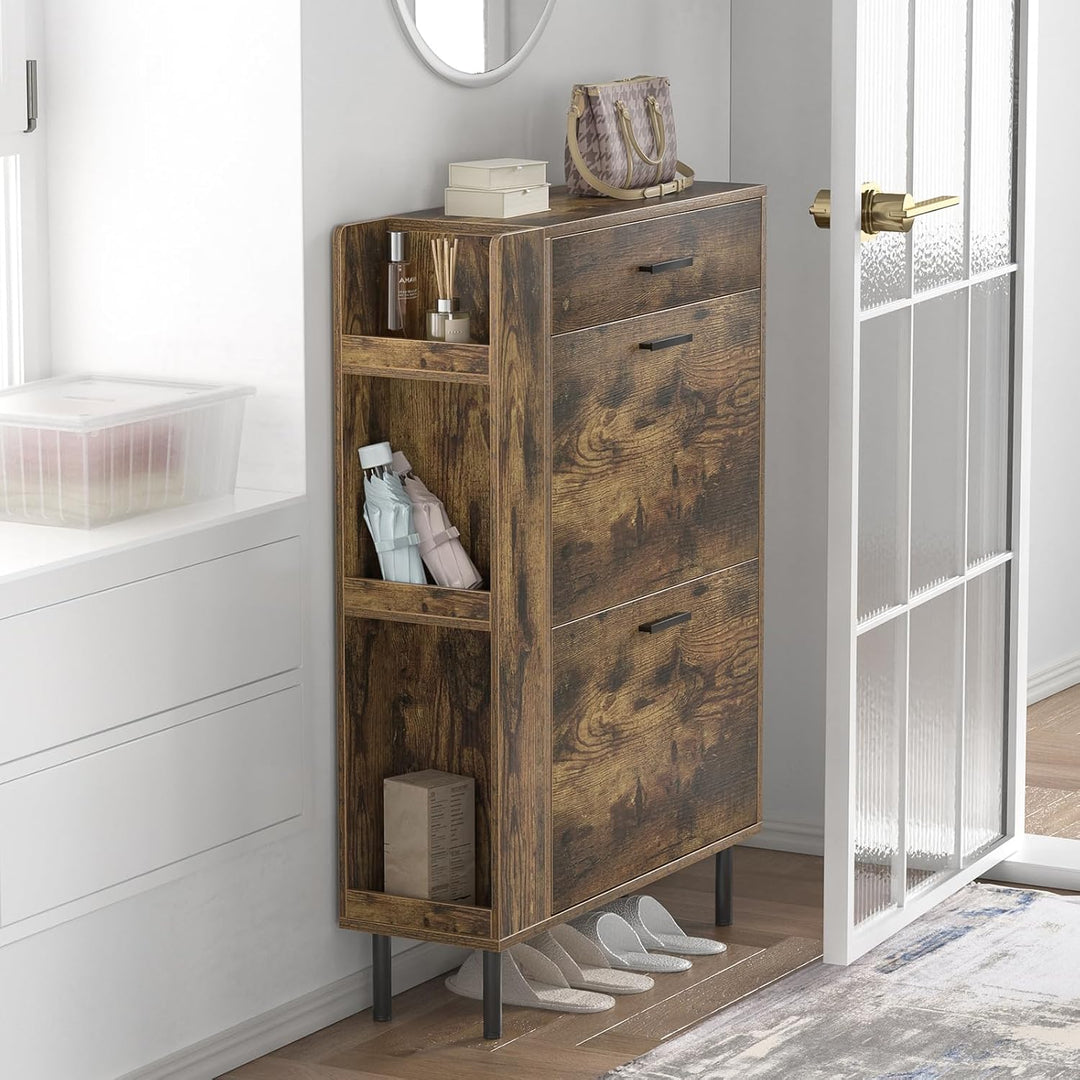 Schuhschrank mit 2 Klapptüren Mit Schubladen, Schuhaufbewahrung, Holz Schuhkipper, Schuhregal, Trenn