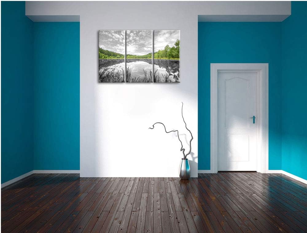 Pixxprint Traumhafter See in grünem Wald als Leinwandbild | Grösse: 3 Teilig (120x80) | Wandbild| Ku
