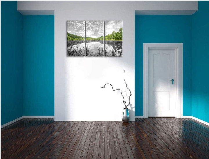Pixxprint Traumhafter See in grünem Wald als Leinwandbild | Grösse: 3 Teilig (120x80) | Wandbild| Ku
