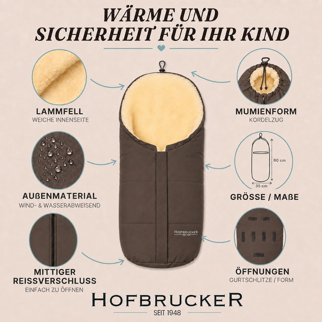 Hofbrucker Lammfell-Fusssack Eskimo für Babyschale, Kinderwagen, Buggy/Universeller Winterfusssack/F