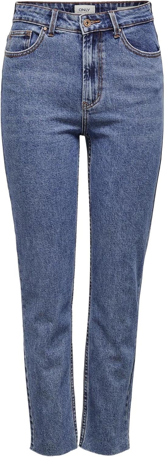ONLY Damen Onlemily Hw Straight ANK Col PNT Hose 25W / 32L Dark Blue Denim, 25W / 32L Dark Blue Deni