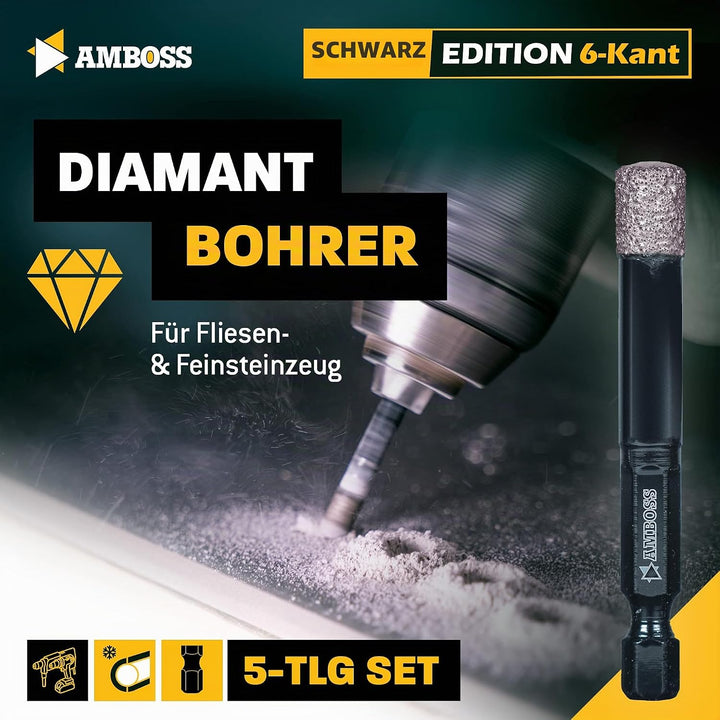 Fliesenbohrer Set Ø 5, 6, 8, 10, 12 mm (5 tlg.) /Sechskant Aufnahme - Amboss Black Edition Diamantbo