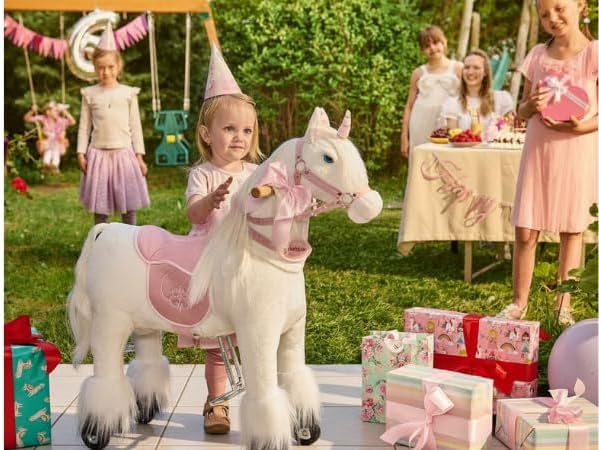 PONNIE Einhorn mit Rollen S (3-6 Jahre), Unicorn zum Reiten mit Abnehmbarer Rosa Sattel und Halfter