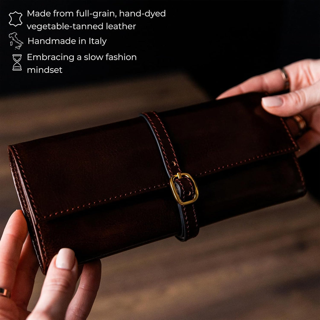 Time Resistance Braun Leder Schmuck Organizer – 100% Leder Schmuckrolle für Reisen Hergestellt in It