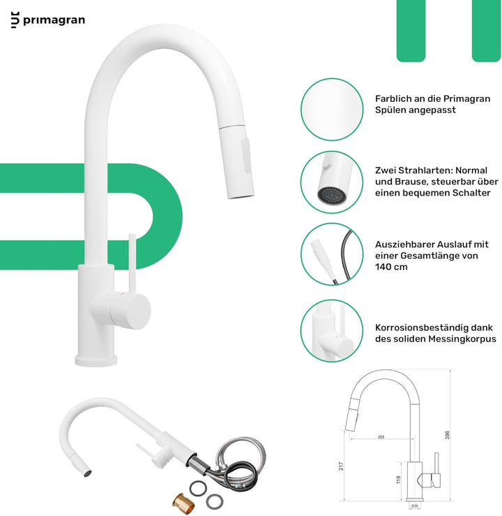 PRIMAGRAN Granitspüle Weiss 88x50cm, Spülbecken 1 Becken + Ablauf-Set + Küchenarmatur 40x22cm, Küche